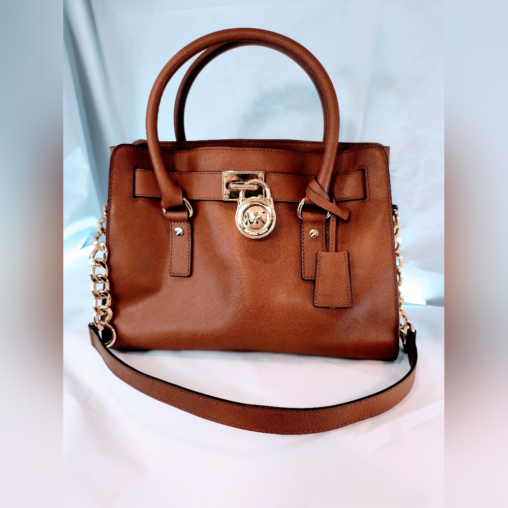 MICHAEL KORS Cognac Hamilton Saffiano Leather Satchel with Gold-Tone Chain Strap - Picture 16 of 16